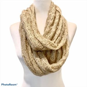 Infinity Scarf Open Knit Tan With Gold Threads